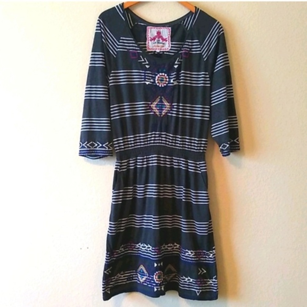 Johnny Was LA Navy Geometric Colorful Embroidered Dress With Sleeves Size Small‎